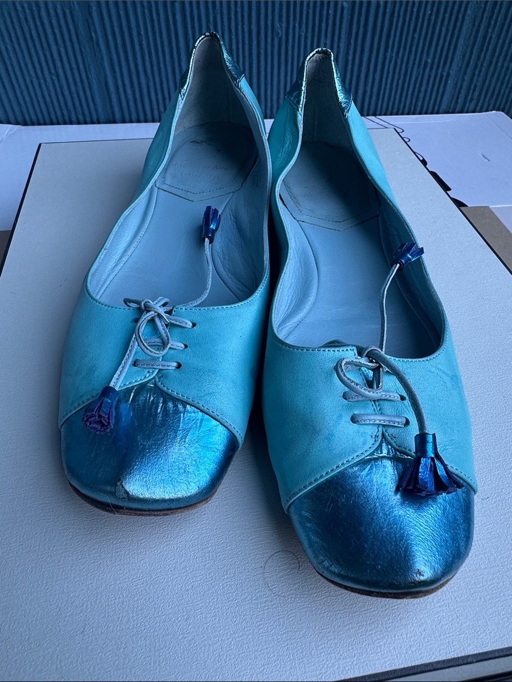 Made in Italy Women’s Turquoise Blue Leather Tassel Ballet Flats